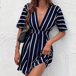 Navy Blue Casual Women's Striped Plunging Neck Fold Pleated Detail Dress